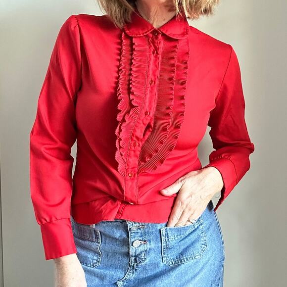 Vintage 70s Red Tuxedo Blouse Womens Size Small Romantic Ruffle Detail - Picture 7 of 8